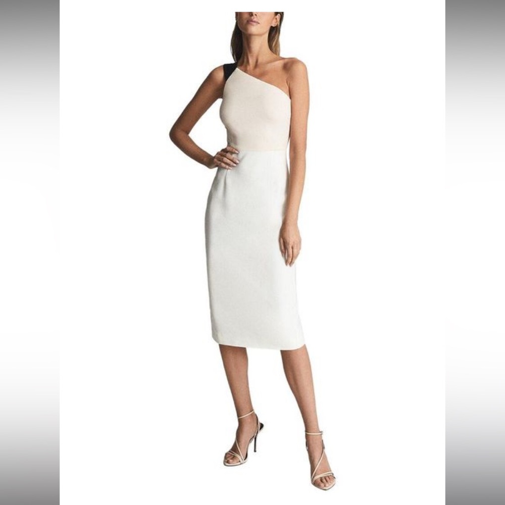 Reiss One Shoulder Dress in Cream and White